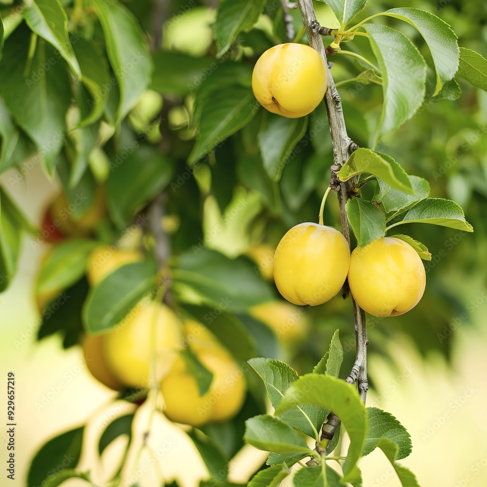 Obraz premium yellow fruit plum on the branch with green leaves closeup