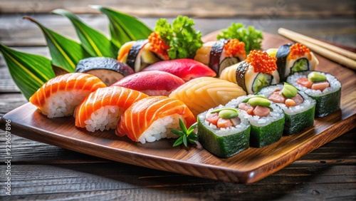 Sushi and rolls rice with fresh fish, traditional Japanese dish, Japanese cuisine, raw fish, seafood, rice