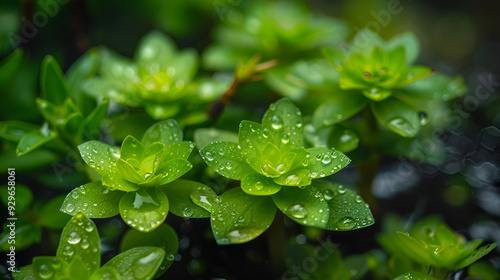 a photography of a plant with water droplets on it, flowerpot with green leaves and water droplets on it in the gardengreen leaf with drops of water with natural background,Water droplets on the leav
 photo