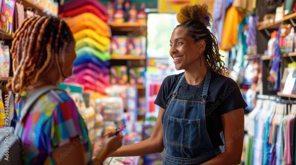 LGBTQ employee helping a customer at a small boutique, friendly and inclusive interaction, well-decorated store, positive shopping experience, bright and inviting environment LGBTQ employee helping a customer at a small boutique, friendly and inclusive interaction, well-decorated store, positive shopping experience, bright and inviting environment