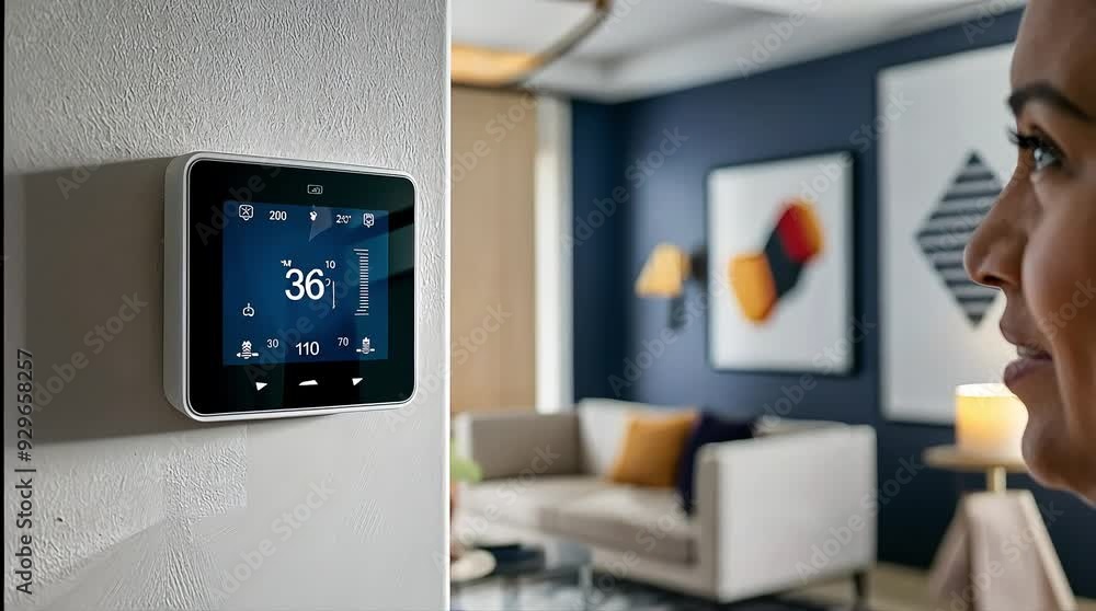 A closeup of a woman adjusting a touchscreen thermostat on a wall, showcasing modern home technology for efficient temperature control A closeup of a woman adjusting a touchscreen thermostat on a wall, showcasing modern home technology for efficient temperature control