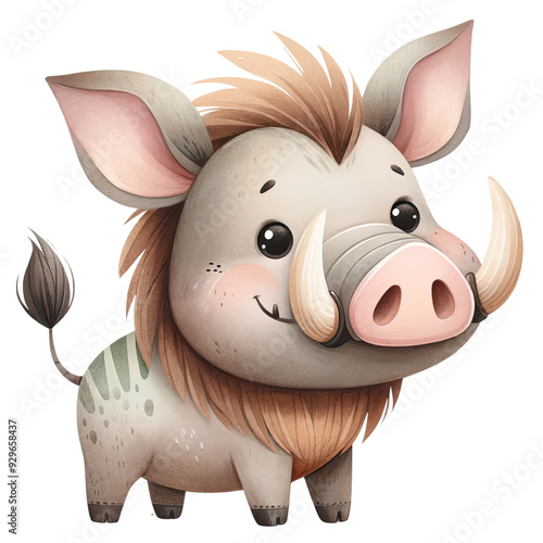 Cute cartoon warthog illustration with a happy expression. Perfect for children's books and educational materials. photo