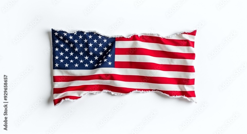 Tattered American flag, patriotic symbol, national holiday decoration, copy space for text, nostalgic, compelling visuals for marketing, education, events, advertising. Tattered American flag, patriotic symbol, national holiday decoration, copy space for text, nostalgic, compelling visuals for marketing, education, events, advertising.