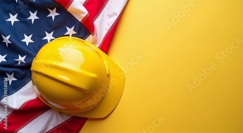 Yellow construction helmet, American flag, Labor Day theme, empty space for text, versatile use in marketing, safety, patriotism, and events. photo