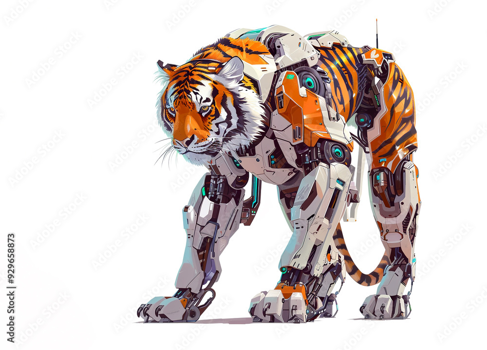 Fototapeta premium A robotic tiger with orange and white fur stands alert against a white background. Its metallic body is visible beneath the fur. Wildlife Animals.