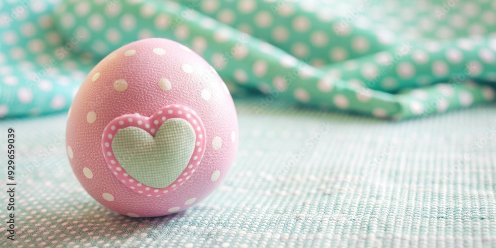 Pastel-colored Easter eggs with heart and polka dot decorations on a soft, patterned fabric, Easter, pastel colors Pastel-colored Easter eggs with heart and polka dot decorations on a soft, patterned fabric, Easter, pastel colors