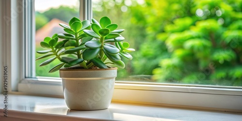 Healthy green crassula ovata succulent jade plant indoor on window-sill, crassula ovata, succulent, jade plant photo