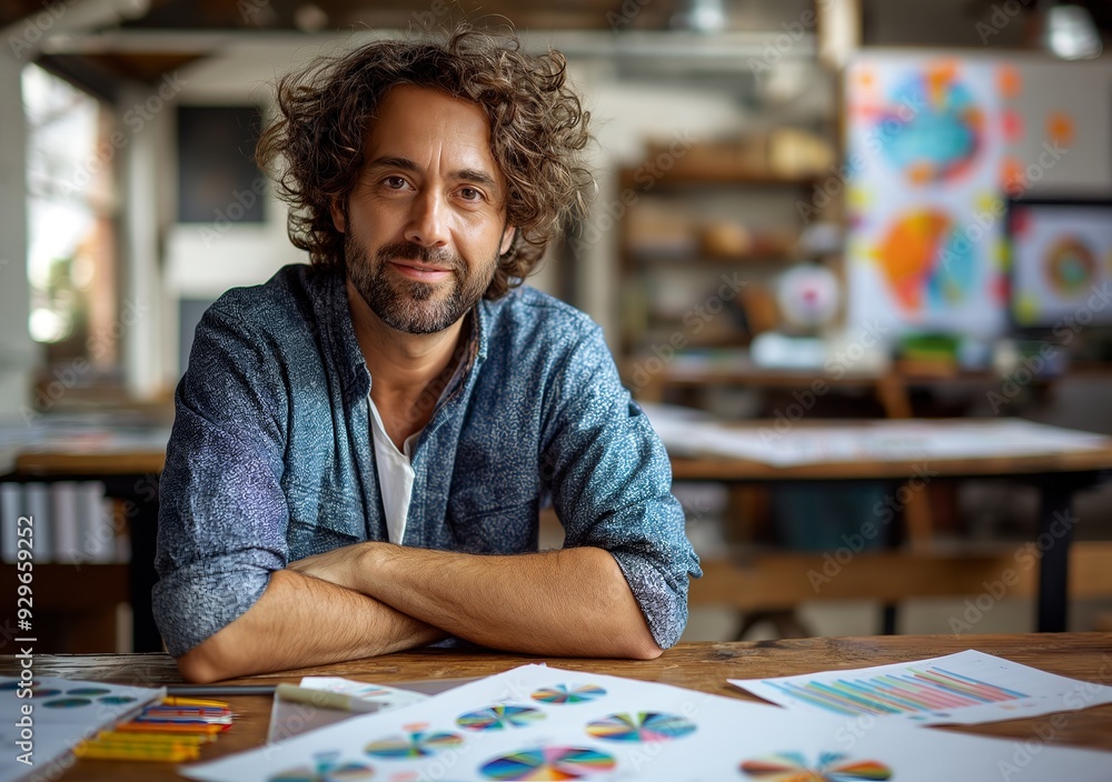 Fototapeta premium Attractive confident entrepreneur in his creative workspace, sitting at a table with graphs and diagrams on paper laying across it.