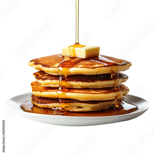 Wallpaper Mural Fluffy buttermilk pancakes with butter and syrup, isolated on white, classic American breakfast Torontodigital.ca
