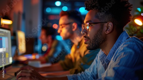 LGBTQ worker staying late to finish a project, focused on tasks, quiet and productive atmosphere, inclusive work environment, dedication and professionalism, modern setup