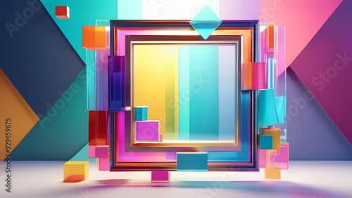 A colorful abstract background with a translucent rectangular frame in the center, surrounded by scattered geometric elements and light reflections