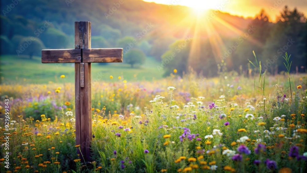 Old weathered wooden cross standing in a peaceful field surrounded by wildflowers, religion, symbol, faith Old weathered wooden cross standing in a peaceful field surrounded by wildflowers, religion, symbol, faith