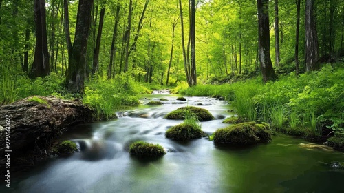 A serene forest scene featuring a flowing stream, lush greenery, and moss-covered rocks.
