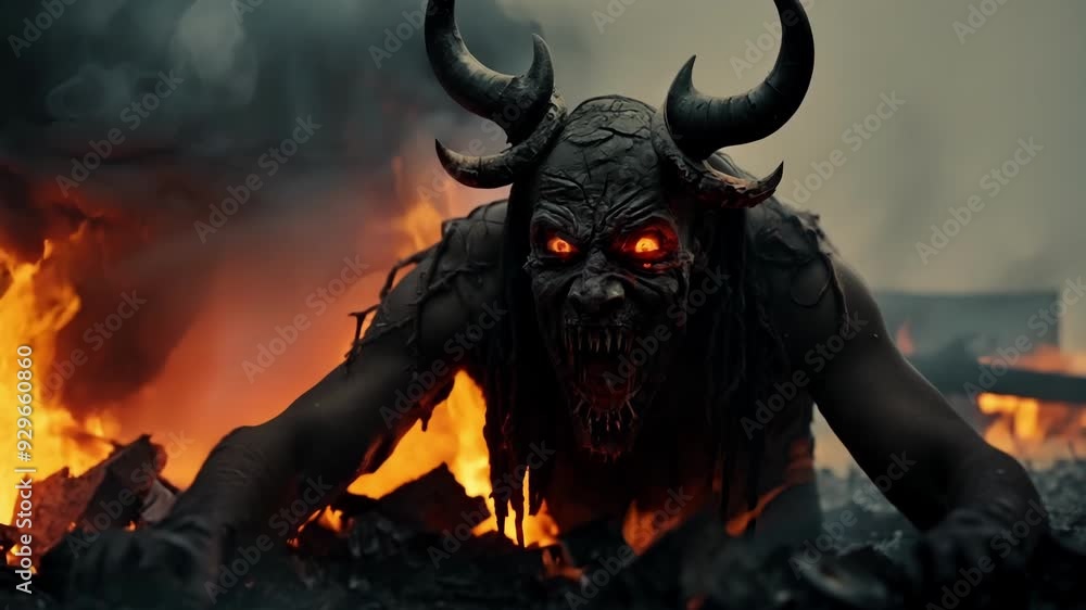 Scary demon is crawling out of a fire pit with glowing eyes and smoke. The demon is wearing a scary mask for halloween Scary demon is crawling out of a fire pit with glowing eyes and smoke. The demon is wearing a scary mask for halloween