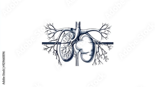 Detailed anatomical illustration of the human kidney and surrounding blood vessels, highlighting renal structure and circulation. photo