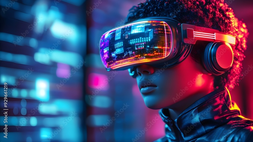 Woman in VR Headset, Neon Lights, Futuristic Tech Woman in VR Headset, Neon Lights, Futuristic Tech