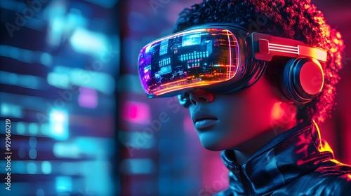 Woman in VR Headset, Neon Lights, Futuristic Tech