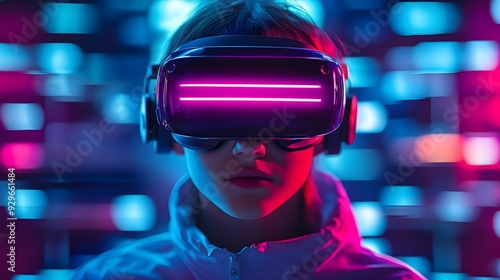 Woman Wearing VR Headset in Neon Lights