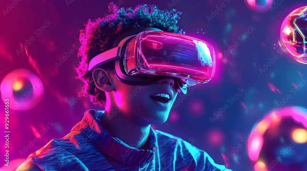 Young Man Experiencing VR, Futuristic Tech, Neon Lights Young Man Experiencing VR, Futuristic Tech, Neon Lights
