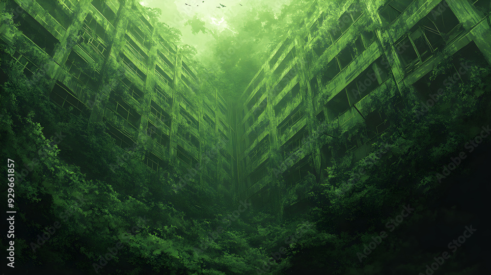 Obraz premium A green building with a lot of trees growing on it