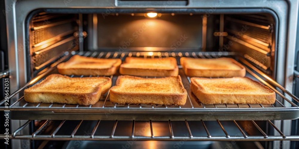 Freshly baked toast on baking sheet placed on oven grill, toasted bread, baking sheet, oven, grill, fresh Freshly baked toast on baking sheet placed on oven grill, toasted bread, baking sheet, oven, grill, fresh