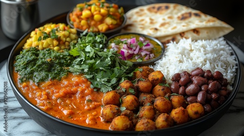 Indian Food Platter with Curry, Rice, and Naan. photo