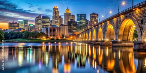 Night view of Stone Arch Bridge and downtown Minneapolis, Minnesota , bridge, architecture, cityscape, illuminated