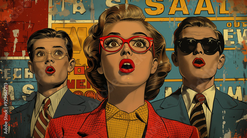 Retro-style comic book illustration depicting excited shoppers in bustling store. Concept of vintage consumerism and pop art aesthetics.