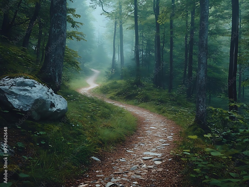 Obraz premium Mysterious Winding Path Through Foggy Forest - Realistic Photo