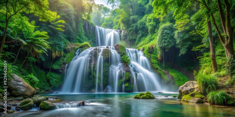 A stunning waterfall cascading in a lush forest setting, waterfall, forest, nature, serene, landscape, peaceful, trees