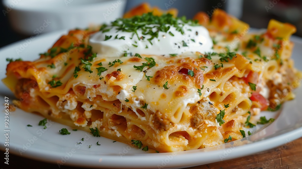 A delicious pasta slice with sour cream on top A delicious pasta slice with sour cream on top