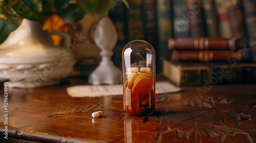 A delicious pill glass on an antique desk photo