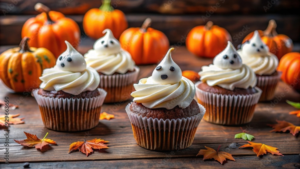 Ghost-themed Halloween cupcakes with spooky decorations , Halloween, ghost, cupcakes, spooky, treats, dessert, bakery Ghost-themed Halloween cupcakes with spooky decorations , Halloween, ghost, cupcakes, spooky, treats, dessert, bakery