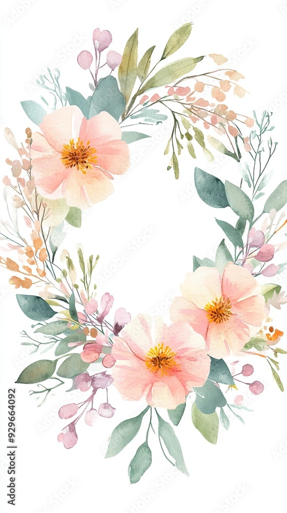 A beautiful floral wreath featuring soft pink flowers and green leaves, perfect for invitations or decor. A beautiful floral wreath featuring soft pink flowers and green leaves, perfect for invitations or decor.