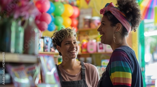 LGBTQ employee assisting a customer at a local store, friendly and inclusive interaction, well-decorated shop, positive shopping experience, bright and inviting environment