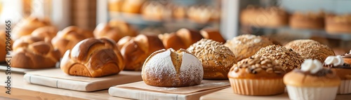 A variety of fresh bread and pastries on display in a bakery, showcasing different textures and flavors of baked goods in a warm, inviting atmosphere. photo