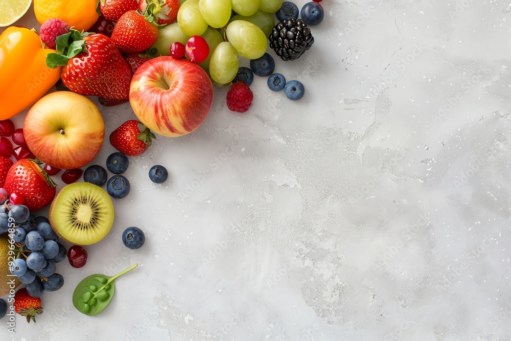 Fresh assorted fruits on a light gray background, featuring apples, berries, kiwi, grapes, orange, and lime. Healthy eating and diet concept. Fresh assorted fruits on a light gray background, featuring apples, berries, kiwi, grapes, orange, and lime. Healthy eating and diet concept.