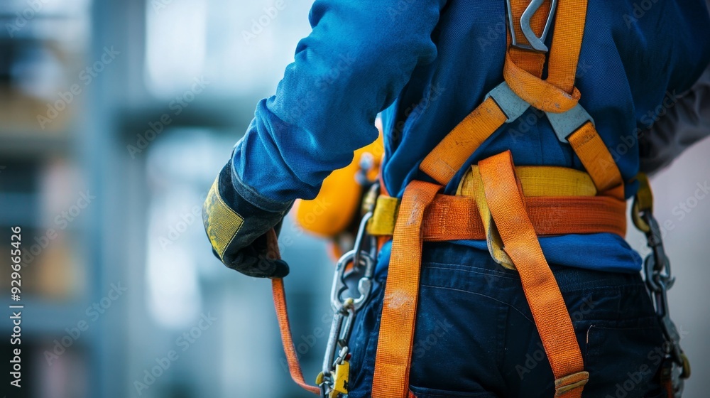 Safety First: Worker Fastening Harness with Helmet and Gloves for Construction Site Precautions Safety First: Worker Fastening Harness with Helmet and Gloves for Construction Site Precautions