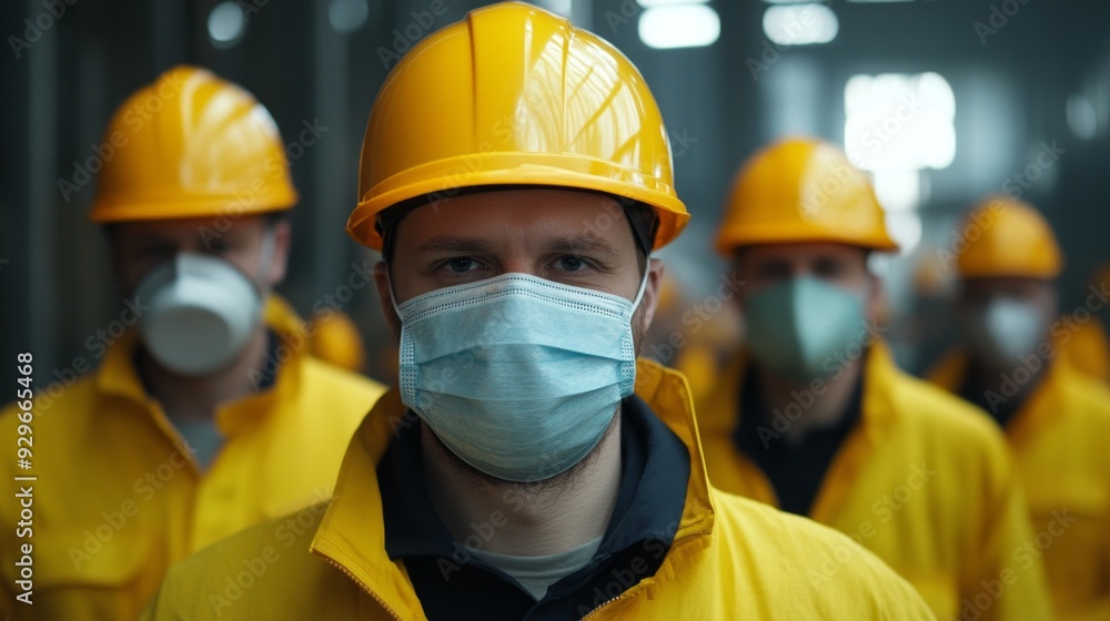 Safety first: Group of workers in protective masks and helmets ensuring factory floor safety Safety first: Group of workers in protective masks and helmets ensuring factory floor safety
