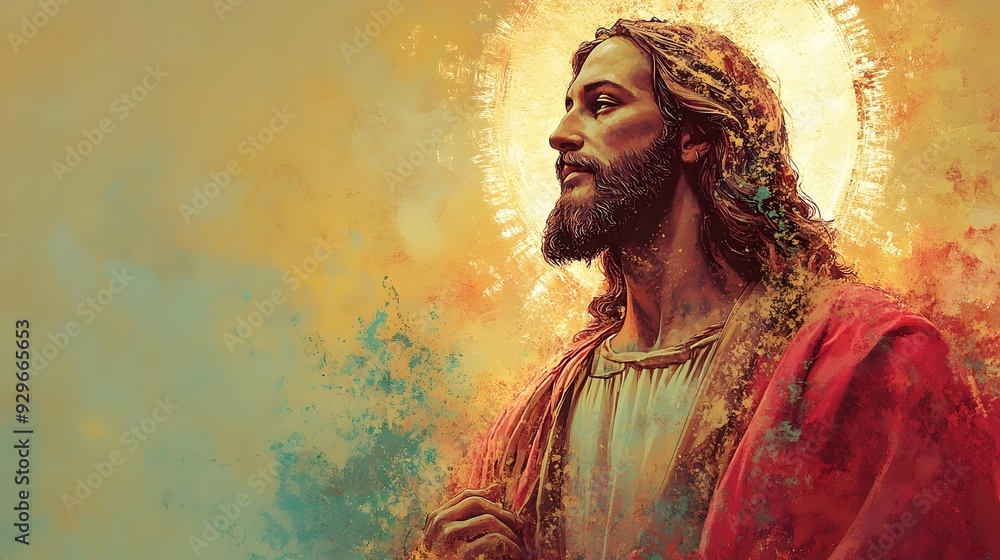 Artistic portrait of a bearded man with long hair in biblical attire, surrounded by a radiant golden halo against a colorful abstract background. Artistic portrait of a bearded man with long hair in biblical attire, surrounded by a radiant golden halo against a colorful abstract background.