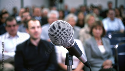 Closeup of Microphone in Front of Blurred Audience photo