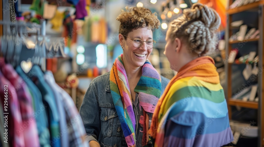 Obraz premium LGBTQ employee helping a customer at a small boutique, friendly and inclusive interaction, well-decorated store, positive shopping experience, bright and inviting environment