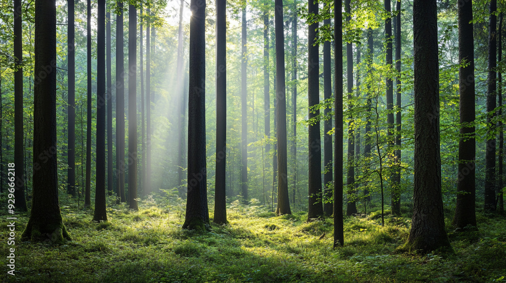 Obraz premium Sunlight filters through lush trees in a tranquil forest during the early morning
