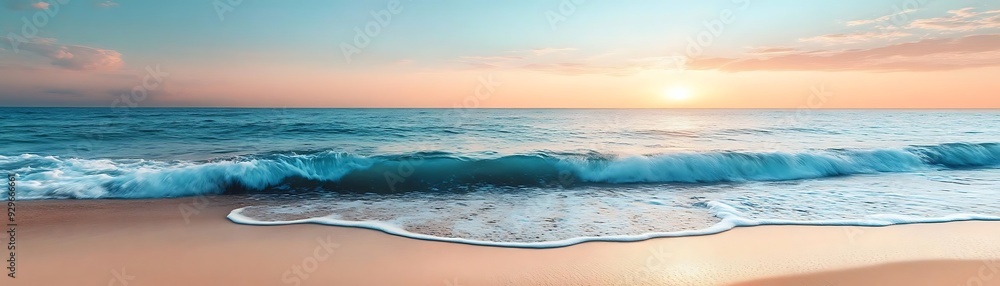 Ocean Wave Breaking on Sandy Beach at Sunset - Realistic Image Ocean Wave Breaking on Sandy Beach at Sunset - Realistic Image