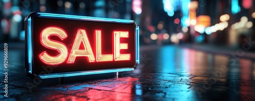 Bright neon sale sign glowing on a wet street, showcasing a vibrant urban landscape, perfect for marketing and advertising concepts.