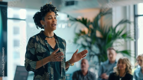 LGBTQ businessperson presenting new strategies to the team, modern office, diverse professionals listening, inclusive leadership, innovative ideas, engaging presentation