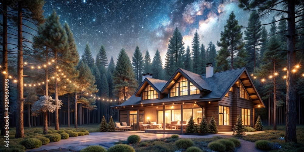 Obraz premium Luxurious home with fairy lights surrounded by pine trees and starry night sky, luxury, home, fairy lights, pine trees