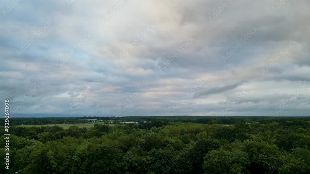 An expansive overcast sky stretches over a lush, green forest. This image is perfect for weather-related content, environmental themes, or projects highlighting natural landscapes. An expansive overcast sky stretches over a lush, green forest. This image is perfect for weather-related content, environmental themes, or projects highlighting natural landscapes.