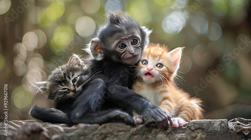 monkey with cats ,A cute monkey lives in a natural forest with kitten friends ,These wild monkeys are very beautiful,monkey and kittens are cute , one monkey and littlle kittens sitting together 
 photo