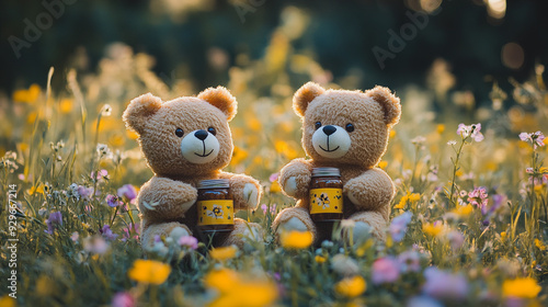 Two teddy bears sitting in a flower-filled meadow holding jars among vibrant spring blooms